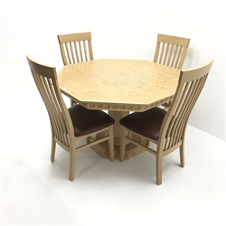 G-Plan octagonal oak pedestal table (W120cm, H76cm, D122cm) and set four slat back dining chairs, upholstered seat, square tapering supports (W50cm)