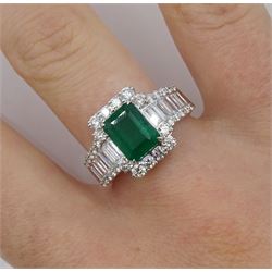 18ct white gold emerald, baguette and round brilliant cut diamond ring, stamped 750, emerald approx 1.85 carat, total diamond weight approx 1.00 carat