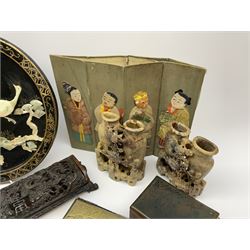 A group of assorted Oriental collectables, to include pair of carved soapstone bud vases, papier mache plaque of circular form decorated with phoenix and blossoming branches in mother of pearl, D30cm, a composite box, the pierced cover decorated with dragons, L27cm, Chinese brass box, etc. 