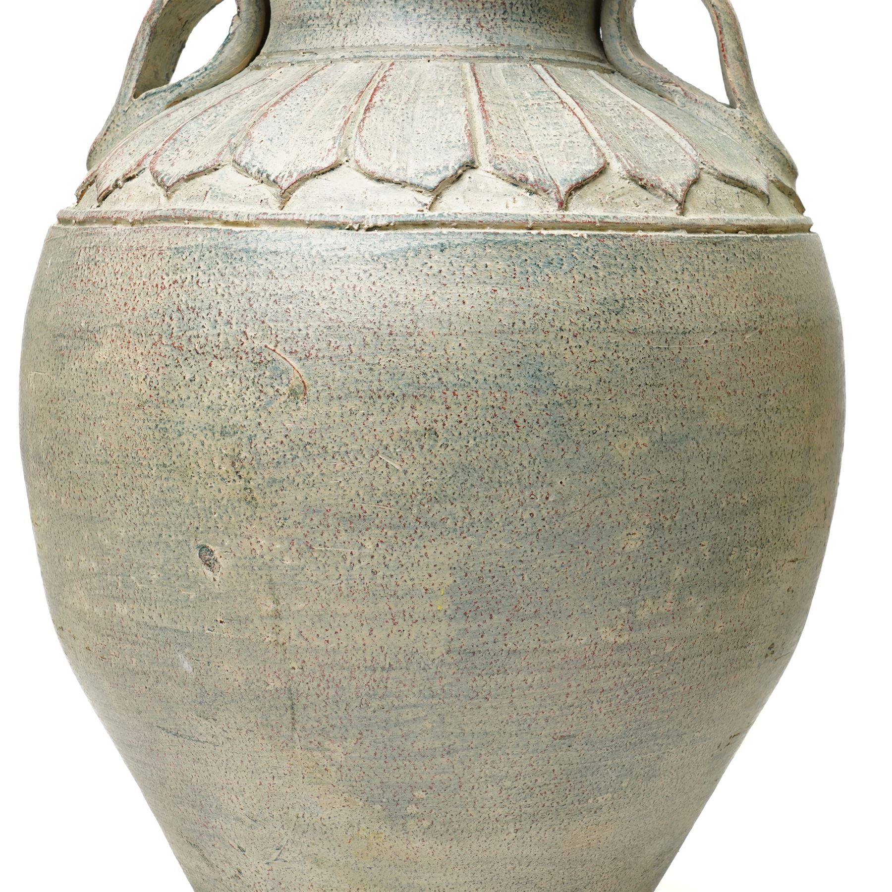 Near pair of large Taiwanese urns, with repeating leaf boarder to the neck, H49cm and H51cm (2)