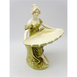  Royal Dux style centre piece modelled as a lady holding a large shell, H40cm  