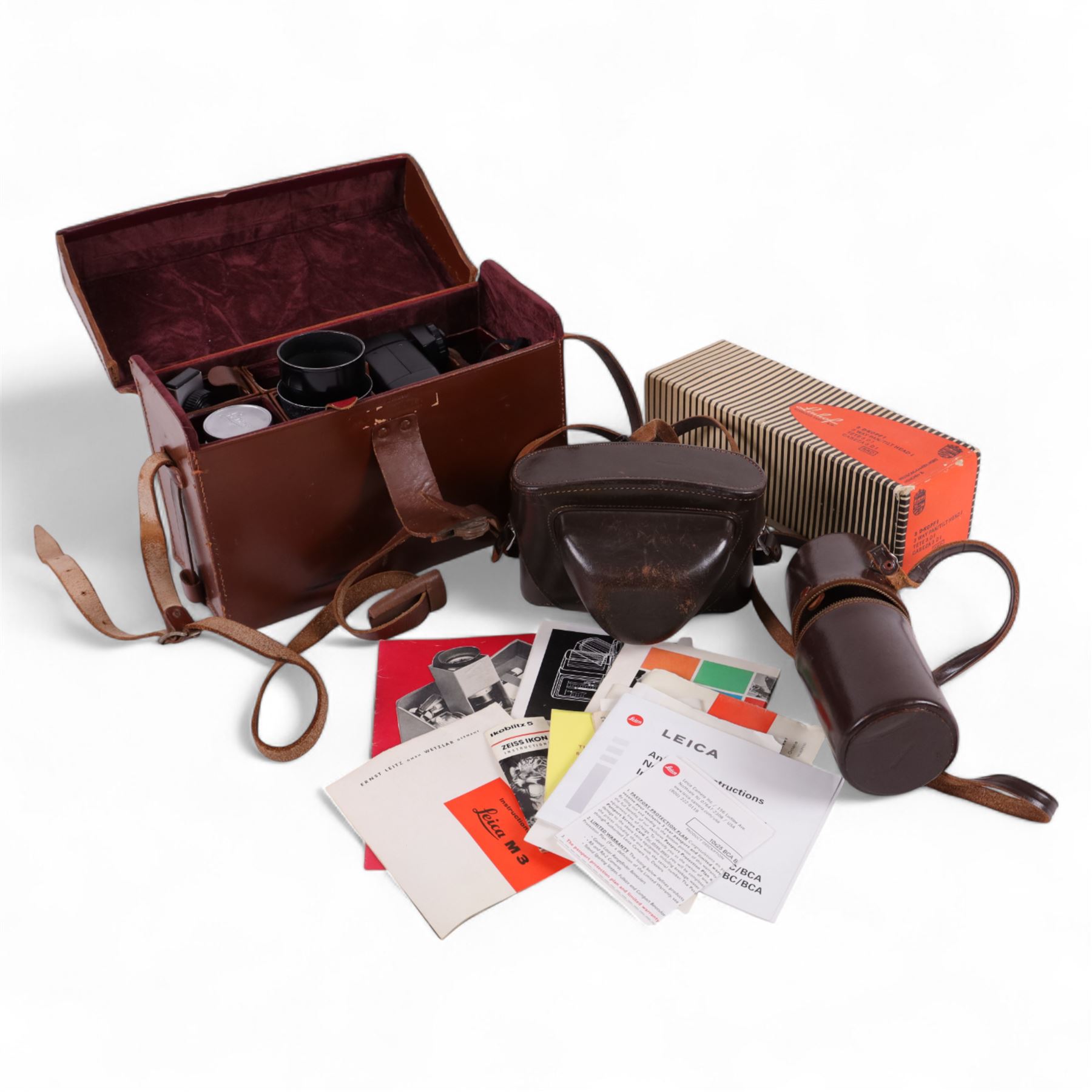 Leica DBP M3 35mm rangefinder camera body, serial no. 1038356, circa 1961, in chrome finish, housed in brown leather Leica case, with a Leitz Wetzlar Sunnilux 1:1.4/50 lens serial no. 1845148, Leitz Wetzlar Elmar 1:4/135 lens serial no. 1825980, 12575N hood, 12521G hood, Leica Meter MC serial no. 99015, Sunpak Auto28 SR Thyristor, Linhof 3 Way Pan tripod, and a Toshiba PE-1 Linear Exposure meter, all housed in an Original Benser Everready Case, most items with instruction booklets 