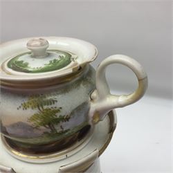 Two 19th century continental teapots and warmers, each teapot upon a cylindrical warming base, hand printed with landscapes and seascapes, largest H22cm