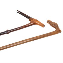 Collection of walking sticks including Greek racing walking stick, carved horse head and jockey, marked KEPKVPA, Horn Handled Walking Sticks, one stamped 