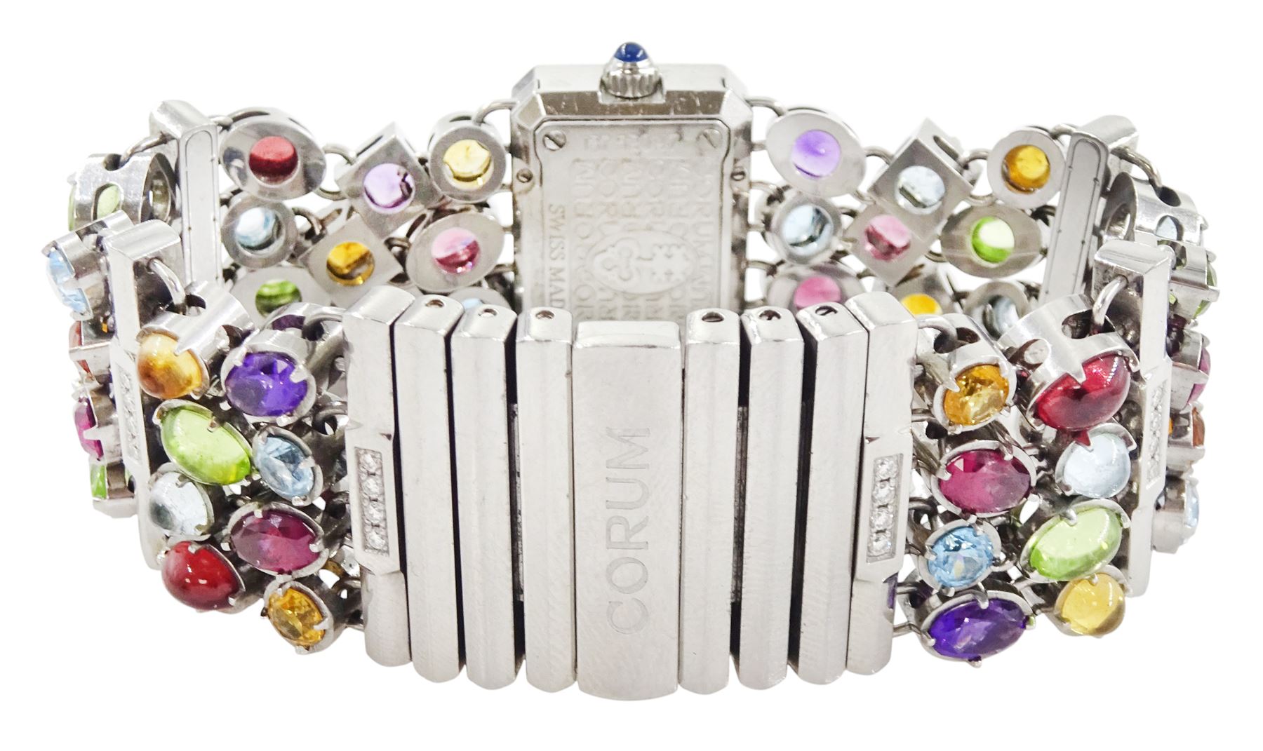 Corum Potpourri ladies stainless steel multi gemstone set quartz wristwatch, Ref. 137.520.47, serial No. 1710972, pink mother of pearl dial, diamond set bezel, on a multi gemstone set bracelet