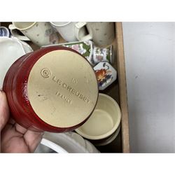 Doulton Lambeth Slaters vase of baluster form decorated with flowers, Chinese ginger jar in the form of a pumpkin, three Le Creuset red ramekins, Hornsea, Paragon Athena pattern tea wares, jardinière and other ceramics in two boxes 