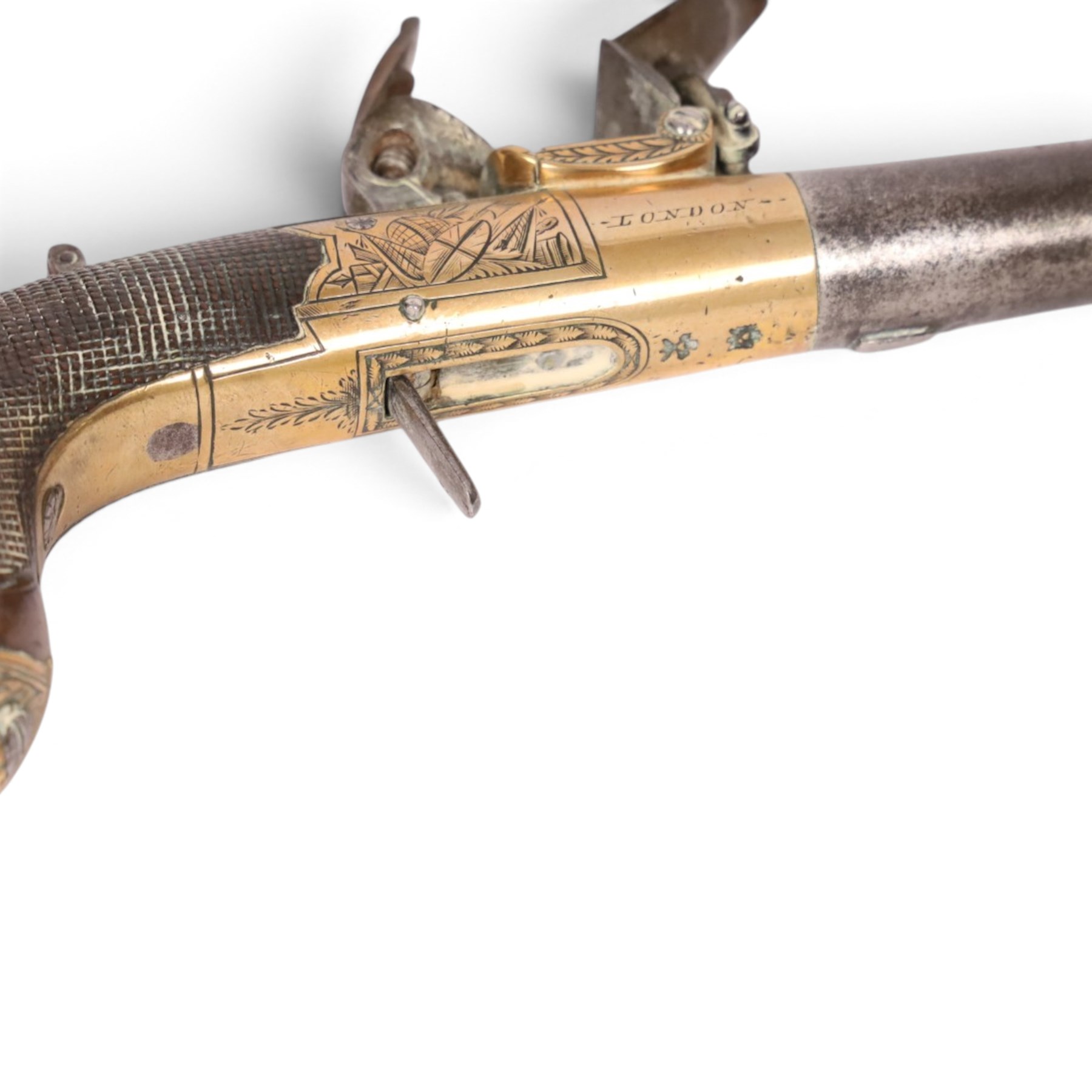 Pair early 19th century flintlock pocket pistols by Twigg of London, with 4cm twist-off barrel, concealed trigger, engraved and named action, chequered stock with vacant wrist cartouche and lion mask butt cap, overall L15cm 