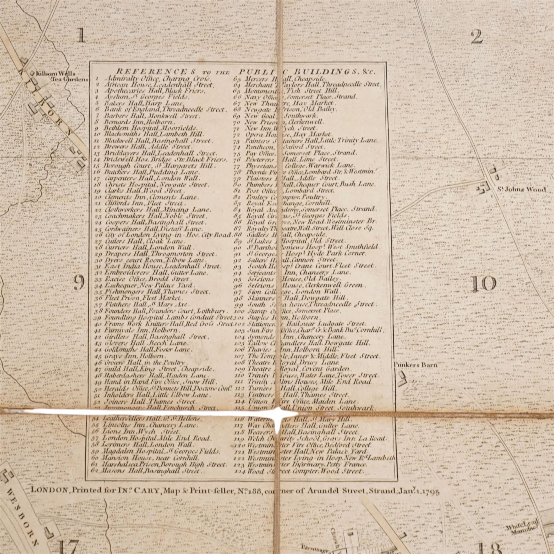 'Cary's New and Accurate Plan of London and Westminster, the Borough of Southwark and Parts Adjacent' thirty two panel folding map mounted on linen in slip case 81cm x 123cm 