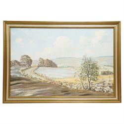 John H Capstick (British 20th century): 'A Dales Landscape' 'Summer Wolds' and 'Autumnal Wolds', set of three oils on board signed, artists label verso max 50cm x 75cm (3)
