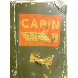  Mid 20th century military tin suitcase and trunk, both bearing labels for Warrant officer II Sculpher, Royal Army Educational Corps, on vessel Captain Cook, sailing to Christmas Island, possibly to observe the first British thermonuclear bomb test (2)  