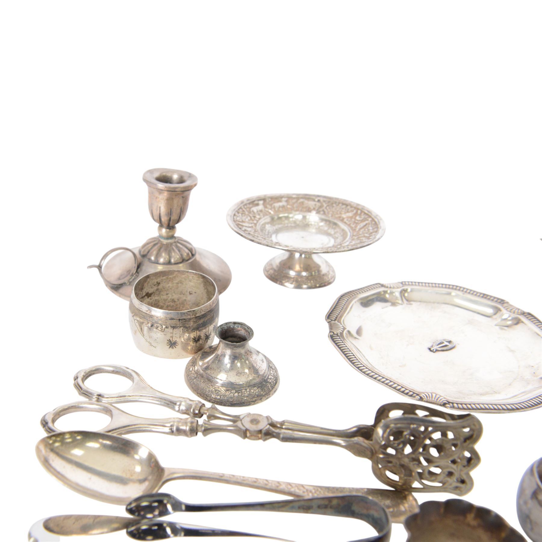 Group of silver, including sugar tongs, christening set, egg  cup, salt, strainer, silver mounted cutlery and Continental silver, together with silver plated items and other metalware 