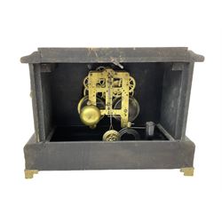 Seth Thomas - American 8-day late 19th century faux slate mantle clock, wooden case with a flat top, decorative gilt metal columns, lion heads and splayed feet,  two part dial with a gilt centre and Roman numerals to the chapter, within an ornate glazed bezel, twin train spring driven movement striking the hours on a coiled gong and the half hours on a bell. 