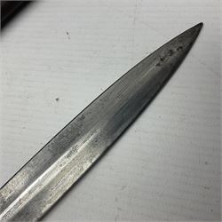 British Pattern 1888 knife bayonet, the 30cm double edged blade by Sanderson with central raised medial ridge and various marks to the ricasso including date code 12 98; in leather covered scabbard with various stamped marks L44cm overall