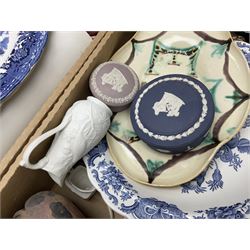 Wedgwood jasperware trinket box, commemorative ware, blue and white ceramics and a collection of other ceramics and collectables in five boxes