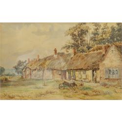 Frank Belshaw (British 1855-1884): Taking a Rest outside Thatched Cottages, watercolour signed 29cm x 44cm