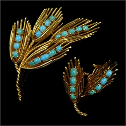  French turquoise set 18ct gold spray brooch, with matching clip on ear-rings, hallmarked  