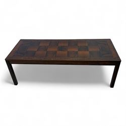 Heggen, Norway - 1970s parquetry veneered rosewood coffee table, the top with 'patchwork' parquetry design, raised on square-section supports