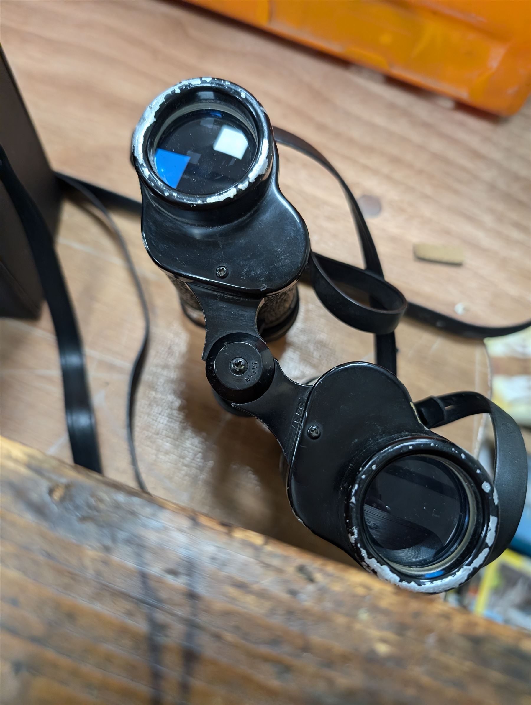 Pair of cased Everlite 20x50 binoculars and a pair of Greenkat 8x30 field binoculars and a small wooden stool, stool H15cm