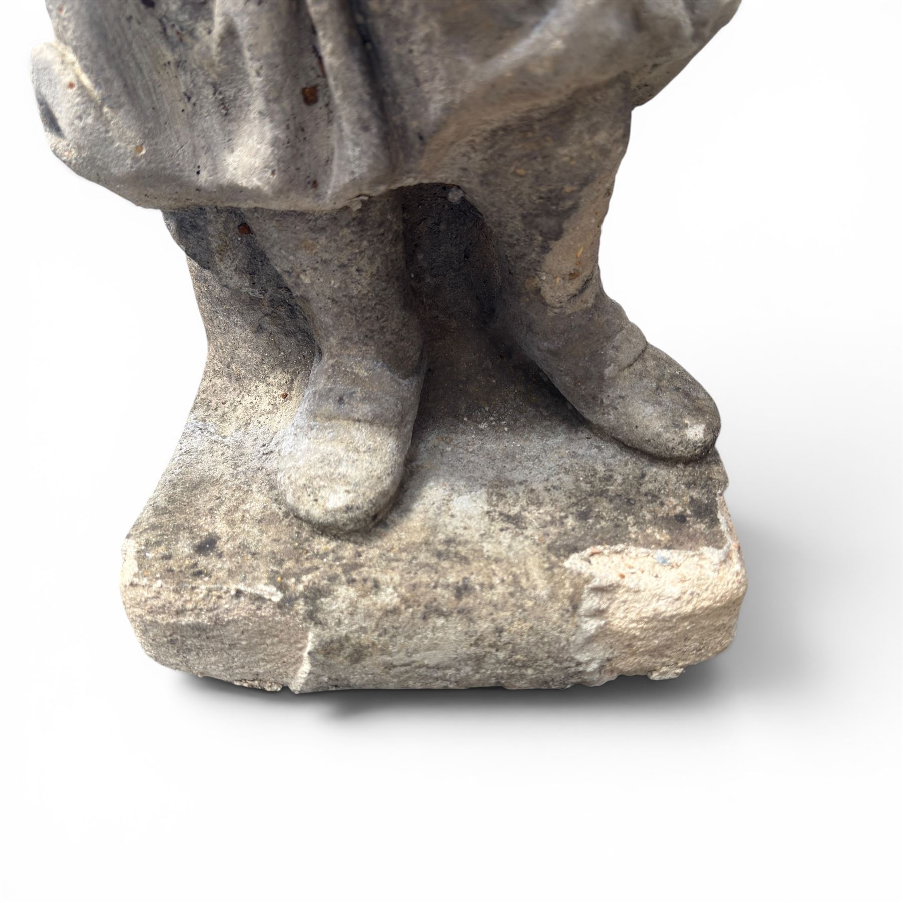 Lucas Stone - pair of cast stone garden figures, modelled as young female figures holding wheat sheafs and baskets of flowers, each on square bases, weathered finish, makers mark stamped to base