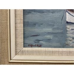Clifford Hall (British 1904-1973): Yatch in the Harbour, oil on board signed 24cm x 34cm 