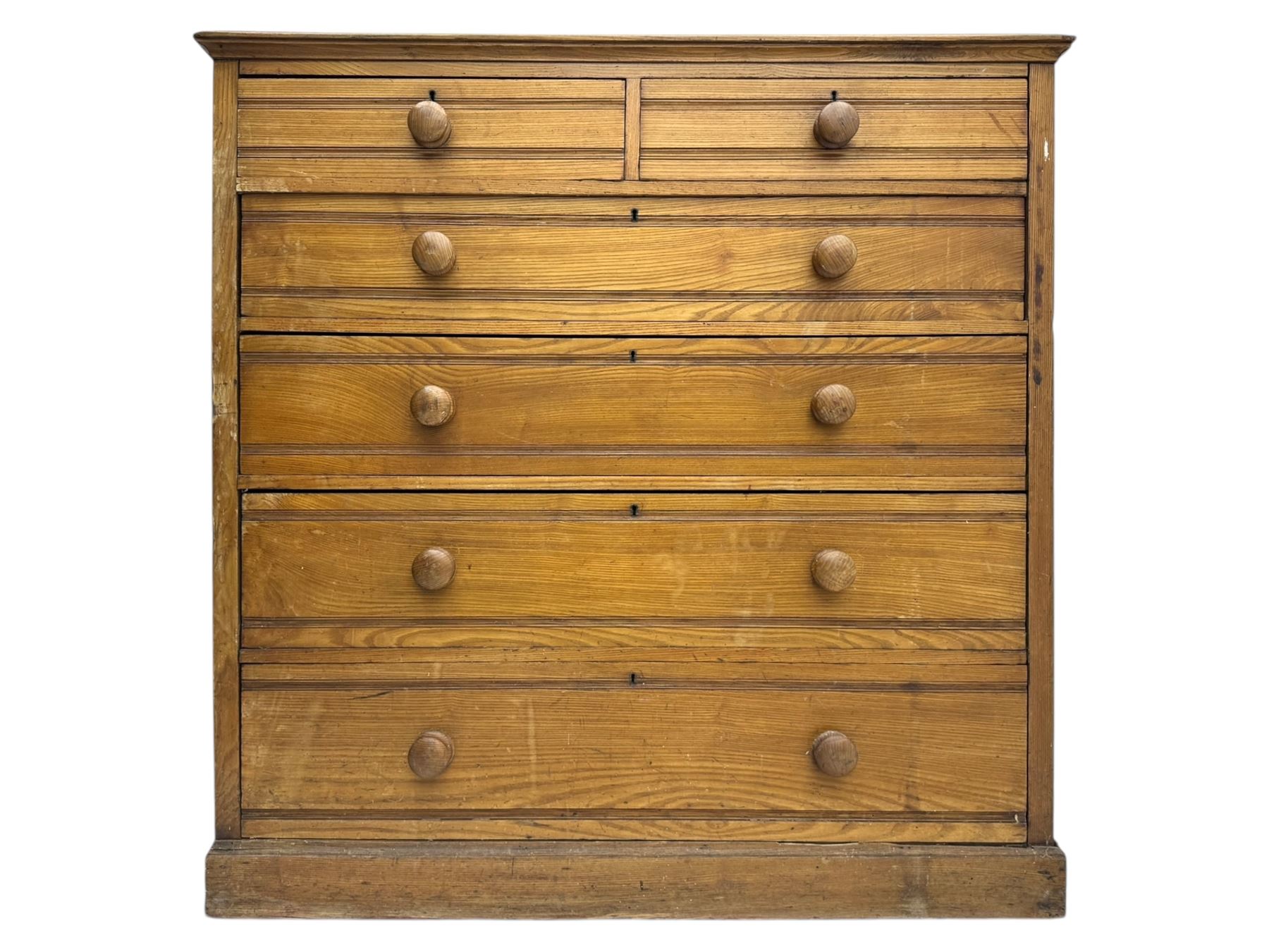 Late 19th century ash chest, fitted with two short and four long drawers, turned wooden handles