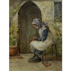 English School (19th century): Young Girl at her Studies in the Fresh Air, watercolour unsigned 28cm x 21cm