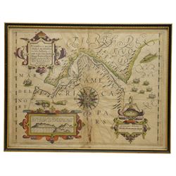 Gerard Mercator (Flemish 1512-1594): 'Exquisita & magno aliquot mensium periculo Lustrata et iam retecta Freti Magellanici Facies', early 17th century engraved map and sea chart with hand-colouring of the Straits of Megellan in South America pub. c.1609, 37cm x 48cm