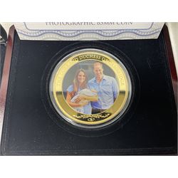 Mostly commemorative coins including The Royal Mint 1997 proof coin collection, Westminster 2013 'The Royal Baby Photographic 65mm' coin, Jubilee Mint 2017 'The Queen Elizabeth II Sapphire Jubilee' five pound coin collection etc