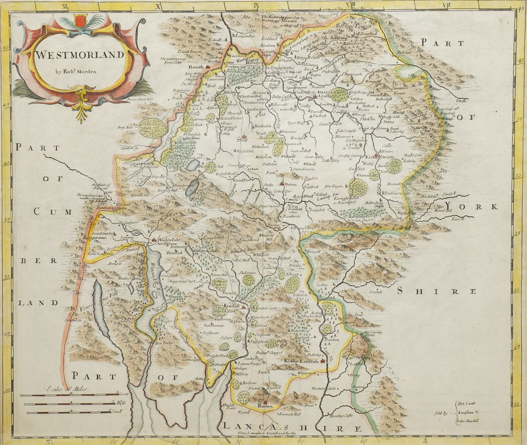 Robert Morden (British c.1650-1703): 'Westmorland', 17th/18th century engraved map with hand-colouring 36cm x 42cm