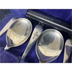 Silver plated three piece tea service, comprising teapot, milk jug and sugar bowl, together with a set of four Wedgwood silver plated heart shaped place card holders and a collection of silver plated cased cutlery