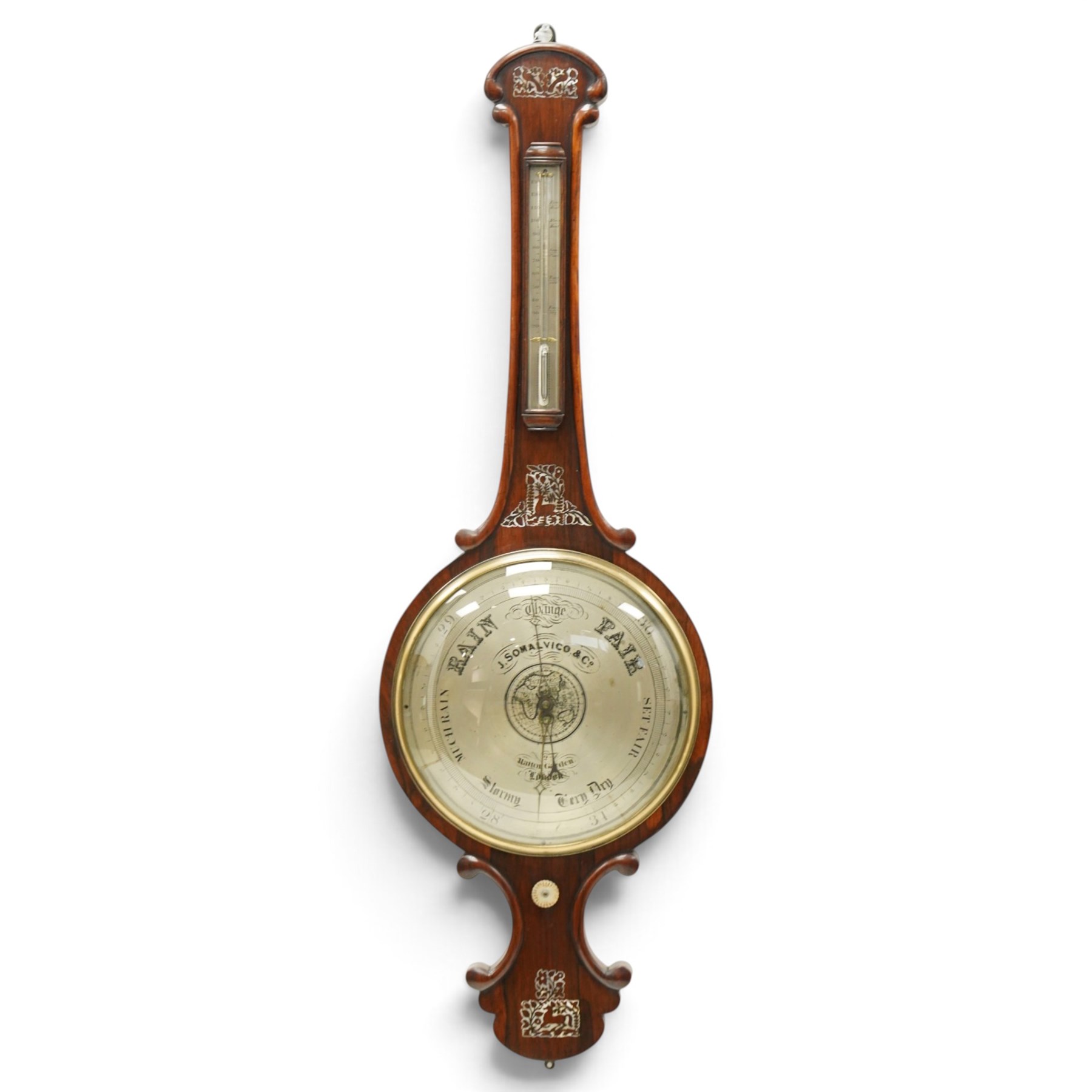 J. Somalvico & Co., Hatton Garden, London - early 19th century rosewood wheel barometer, the shaped banjo-form case inlaid in mother-of-pearl with foliate and animal motifs, incorporating a mercury thermometer above the circular silvered dial with weather indications, globe motif and brass bezel, signed 'J. Somalvico & Co.'