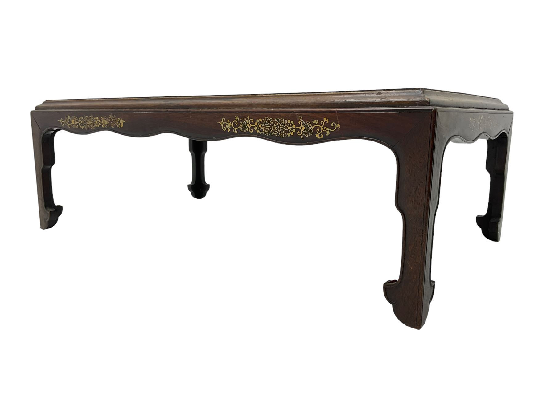 19th century rosewood opium table, rectangular top with moulded edge, the shaped apron decorated with applied brass scrolling foliate detail, raised on shaped supports with stylised leaf feet and cockbeaded edge