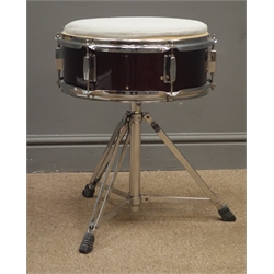  Drum Stool grey upholstered top and burgandy body with chrome fittings and folding tripod stand, W40, H51cm  