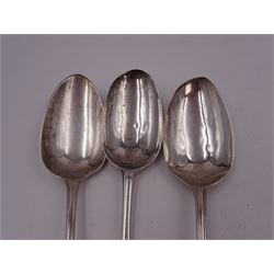 George II silver Hanoverian pattern table spoon, with rattail bowl and engraved with initials BV to terminal verso, hallmarked London 1730, makers mark IH or IK, possible Jeremiah King or John Hopkins, together with two George III silver Old English pattern table spoons, the first example with reed border, hallmarked Stephen Adams II, London 1787, the second example hallmarked London 1800, maker's mark indistinct