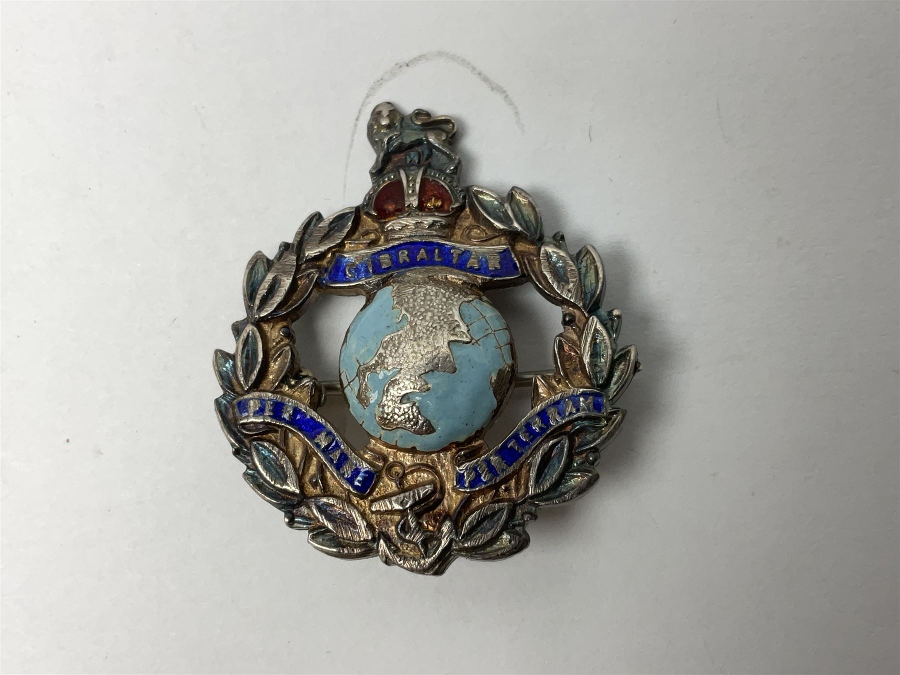 Five silver sweetheart brooches - Royal Artillery with marcasite, Naval with marcasite, George VI Royal Engineers with tortoiseshell, Royal Marines Gibraltar with enamel and South African General Service with blue enamel (5)
