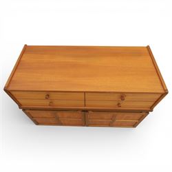 Nathan - 'Squares' pair of sideboards, rectangular top over four short drawers, above signature square panelled cabinet doors on a recessed plinth base