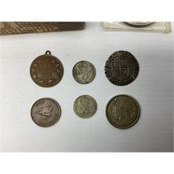 Coins including Elizabeth I 1573 hammered silver sixpence, George III 1817 shilling, United States of America 1922 silver peace dollar etc