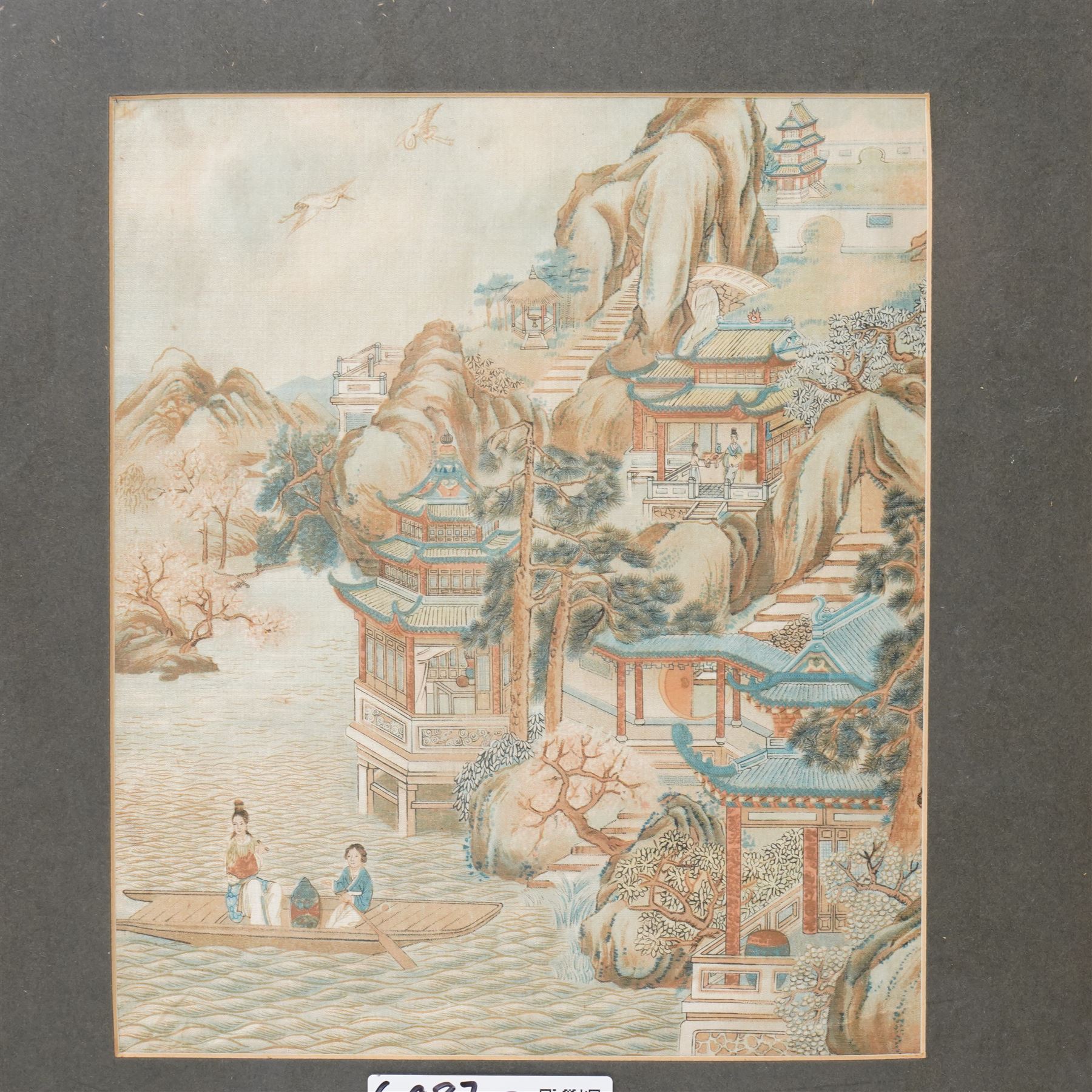 Pair of Chinese silk paintings after scenes from The Story of the Stone/Dream of the Red Chamber, 25cm x 21cm; and a Japanese woodblock print after Utagawa Kinisada, 25cm x 17cm (3)