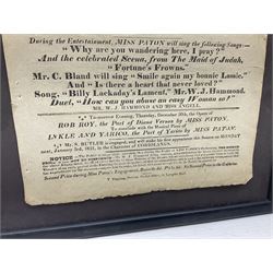Two framed advertising posters, the first example titled 'Johnson's Correct List of Beverley Races, 1840', the second titled 'Theatre-Royal, Hull. third Night of Miss Paton's Engagement. this present Wednesday, December 29th, 1830, will be performed the celebrated Beggars' Opera', overall including frames H38.5cm W26cm