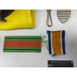 Miscellaneous militaria including two Royal Artillery and one Royal Horse Artillery stable belts; Northamptonshire Regiment trench art brass shell case lighter; unused Matchless Fire-Set; pocket knives and multi-tool; lanyards; oak shield with York & Lancaster crest etc