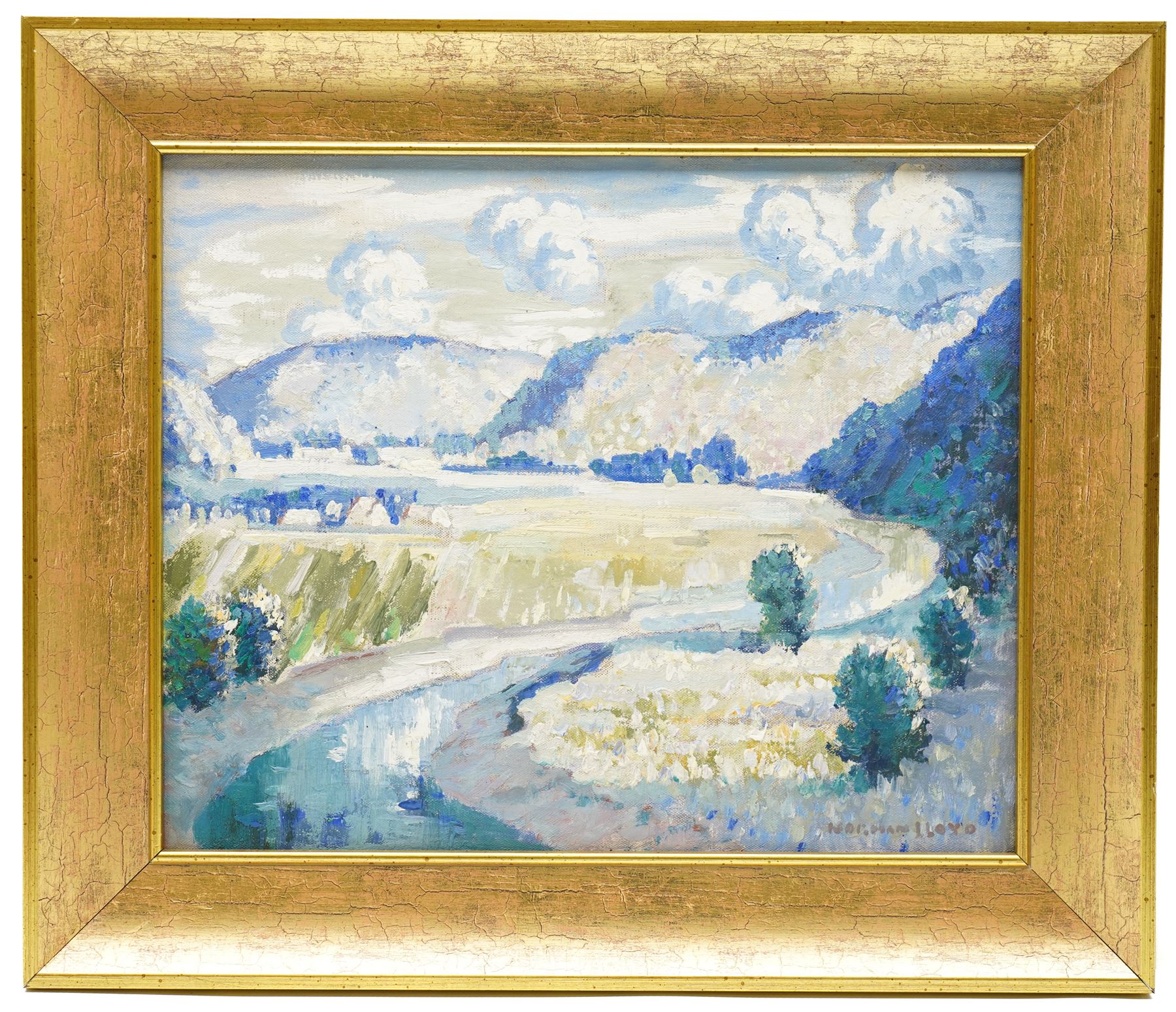 Norman Lloyd (Australian 1895-1983): 'French Landscape', oil on canvas panel signed, titled verso 31.5cm x 35cm 
Provenance: with Louise Kosman Modern British Art Gullane, Edinburgh, label verso 