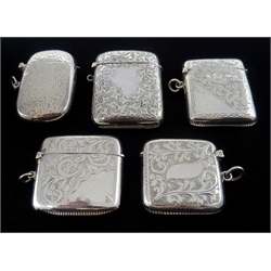  Four Victorian and later silver vesta cases, engraved decoration by John Rose, Rolason Brothers, Joseph Gloster Ltd, makers mark R.H & S and one stamped 925 (5)  