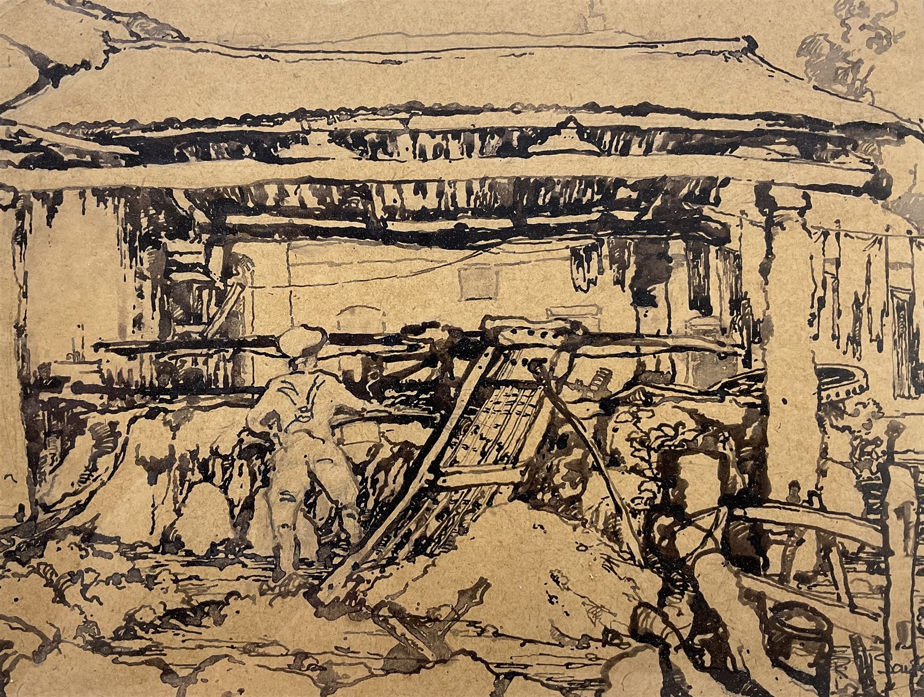 Rudolf Helmut Sauter (German 1895-1977): Barn Interior, ink on brown paper signed 22cm x 29cm