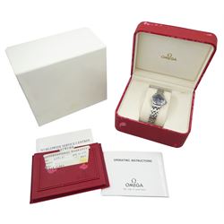 Omega Seamaster ladies stainless steel quartz wristwatch. Ref. 2581.81, blue wave dial, with baton hour markers and date aperture, on original stainless steel bracelet, with fold-over clasp, boxed with international warranty card dated 1999