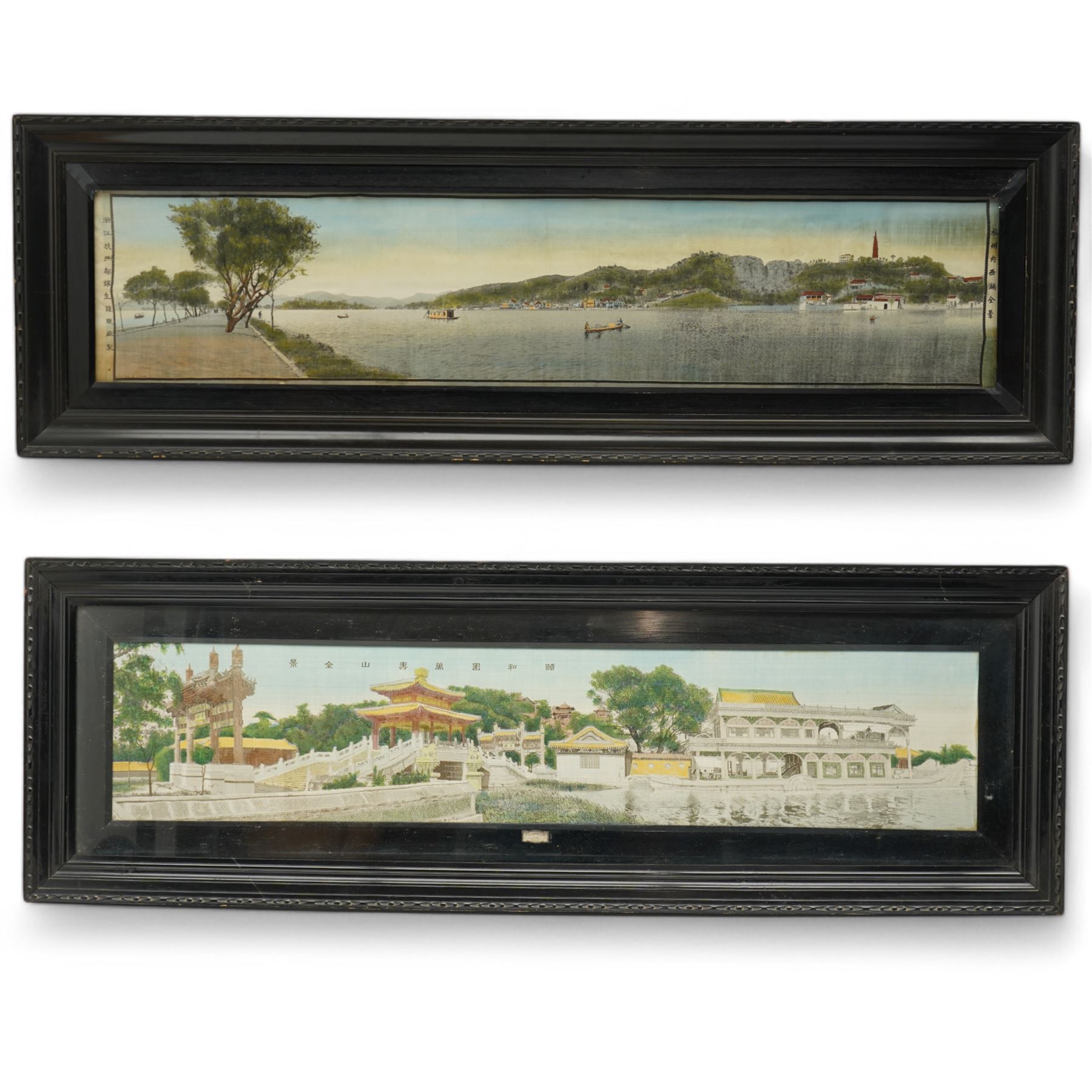 Workshop of Du Jinsheng (Chinese 1897-1943): 'Panorama of Inner West Lake Hangzhou', early 20th century woven silk panel, together with another similar 'Panoramic View of Kunming Lake - Summer Palace', by the Chi Won Lit Weaving Company, Shanghai, housed in matching ebonised frames 24cm x 120cm (2)