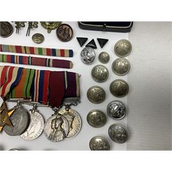 WW2 group of eight medals comprising 1939-1945 War Medal, Defence Medal, 1939-1945 Star, Africa Star, Italy Star, France & Germany Star, 1935 Silver Jubilee and Long Service and Good Conduct Medal with integral Regular Army clasp awarded to 5719825 Sjt. A.W. Hatchard Dorset R.; all with ribbons and ribbon bars; cased hallmarked silver and bronze Dorset Regiment 'Davidson Medals'; and quantity of military, NFS/AFS and other buttons and badges etc