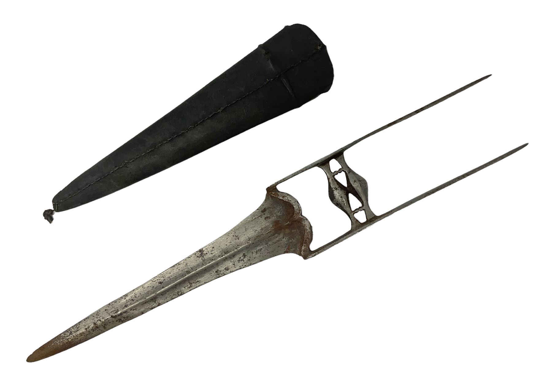 Indian thrusting dagger Katar the 25cm blade with swollen point and central rib, in leather covered wooden sheath L45cm overall