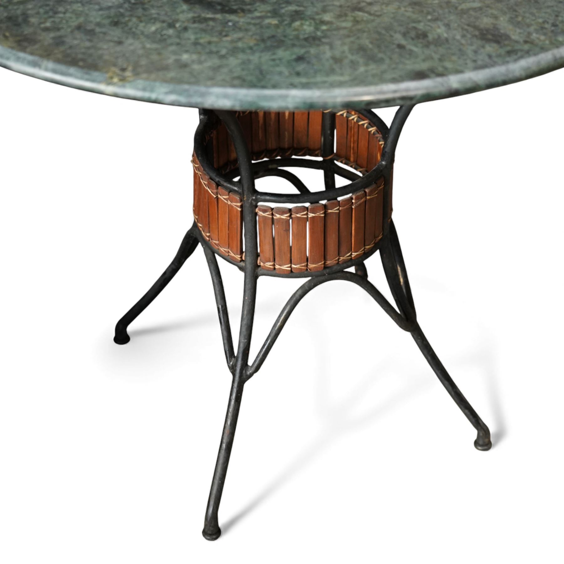 Contemporary circular green marble bistro table, raised on a black metal tubular base with decorative slatted collar, with two coordinating metal and wood slatted chairs