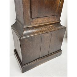 Mid to late 18th century oak longcase clock, sarcophagus top hood with square glazed door with plain column pilasters, rectangular trunk door with moulded edge, painted square Roman dial, 30-hour movement, slip aperture - 30.4cm x 30.4cm
