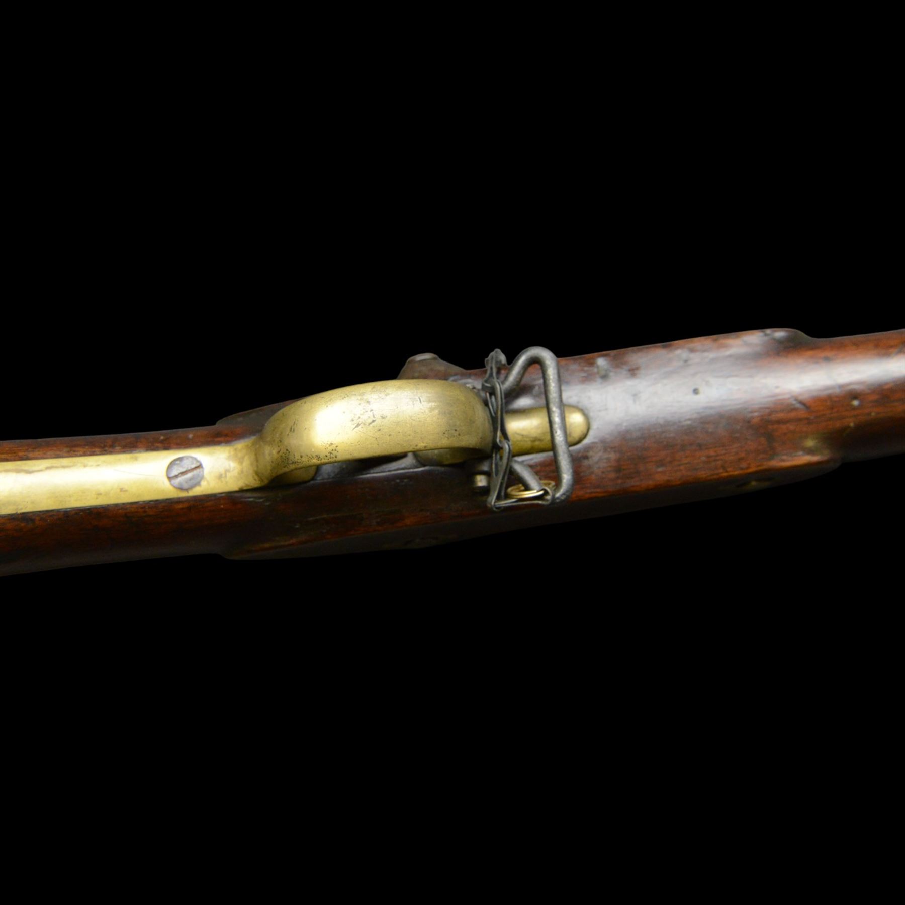 19th century Enfield percussion rifle, the 99cm barrel with three barrel bands, fore sight and rear sight, ramrod under, full walnut stock with brass butt, carrying sling brackets, action marked '1855 Tower' with Victoria cypher, overall L138cm